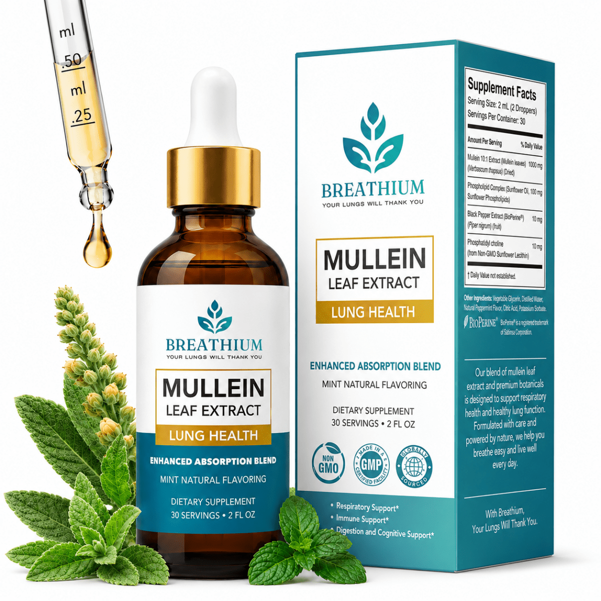 Breathium Mullein Drops - Peppermint Flavor