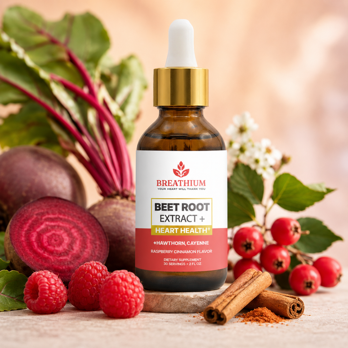A bottle of Breathium Beet Root Extract + Heart Health dietary supplement, styled with fresh beet greens, beets, raspberries, cinnamon sticks, and red berries on a light wooden surface.