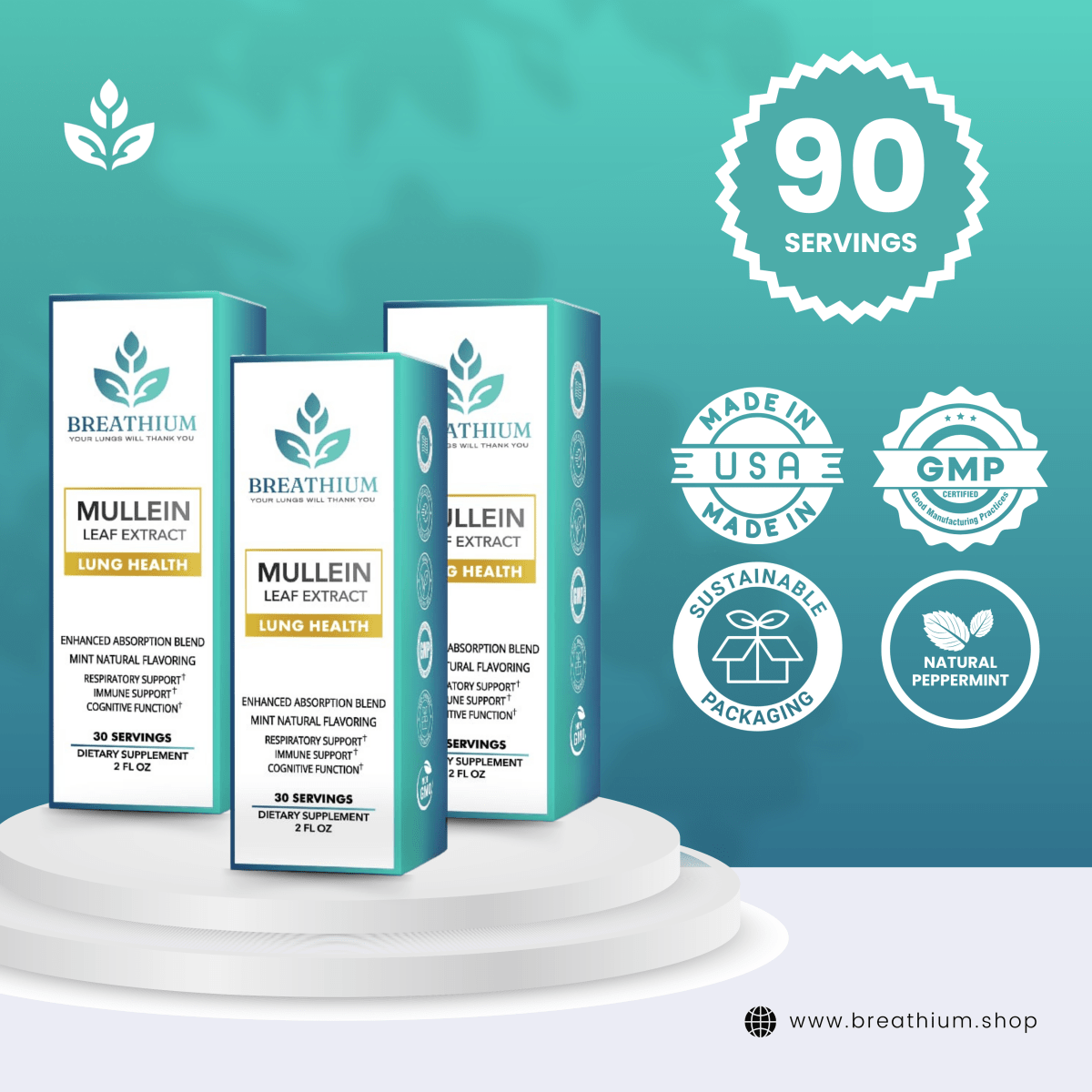 Breathium Mullein Drops 90 servings 3 pack best seller lung support supplement