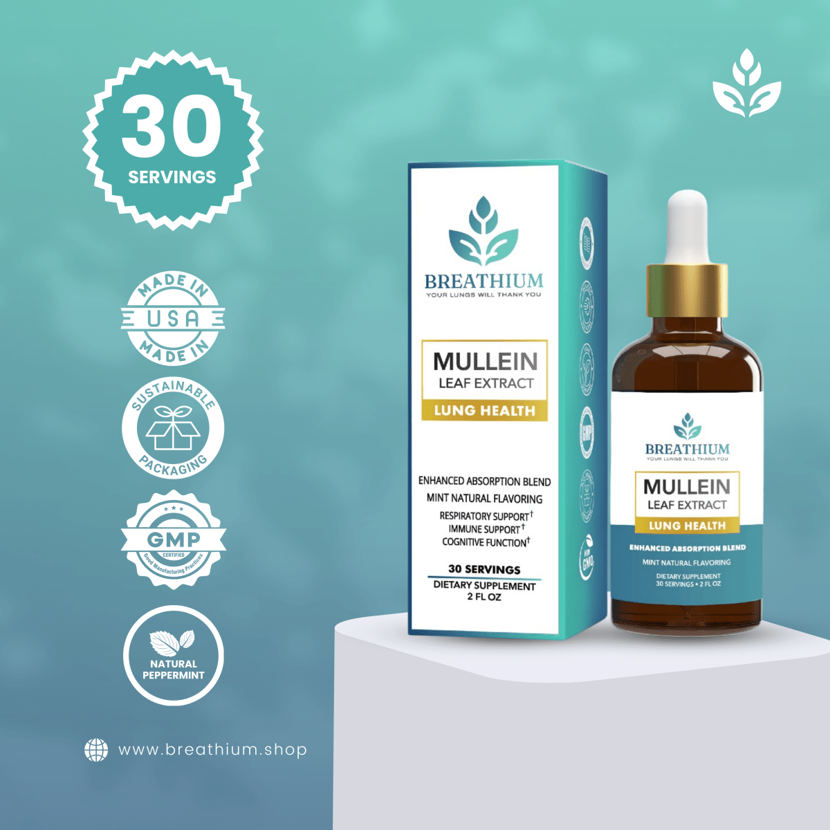 Breathium Mullein Drops 30 servings starter bottle natural lung support