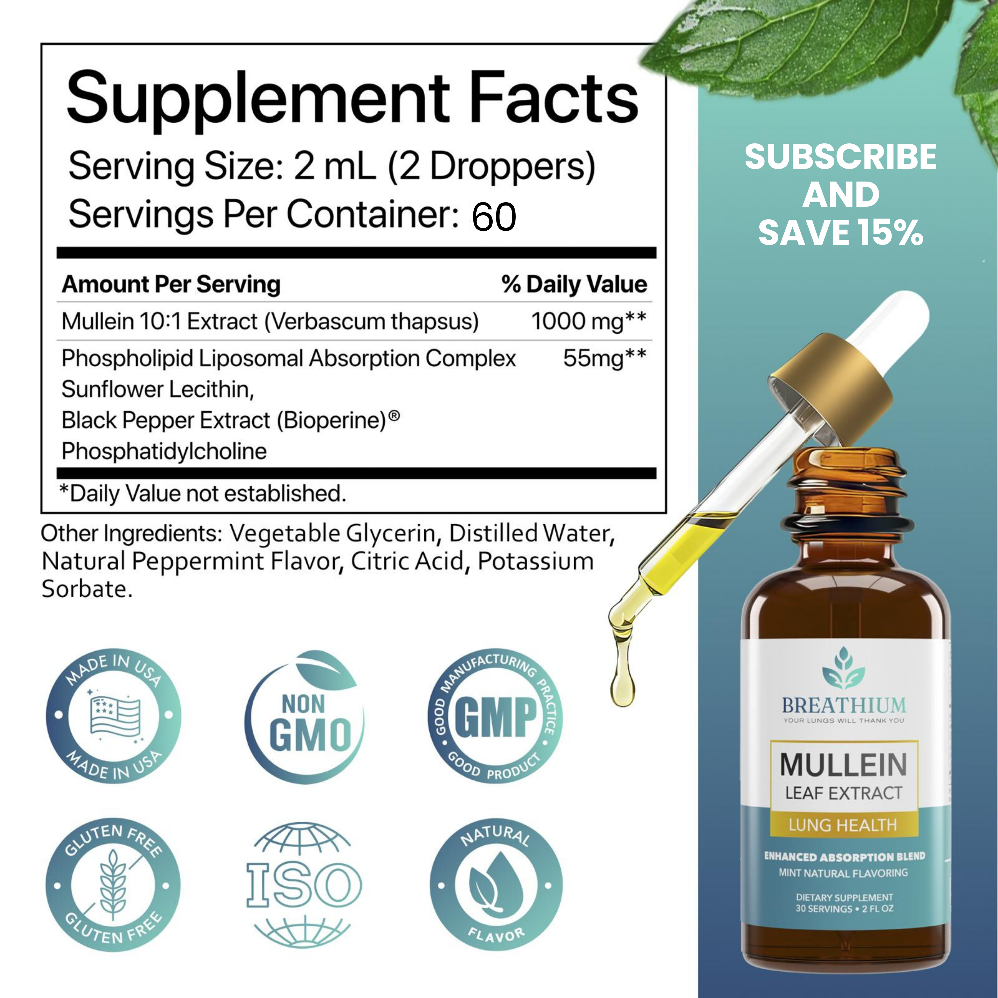 Liposomal Mullein Drops – Lung Cleanse & Mucus Relief, Fast-Acting Respiratory Support – 4oz / 60 Servings– Peppermint, USA Made