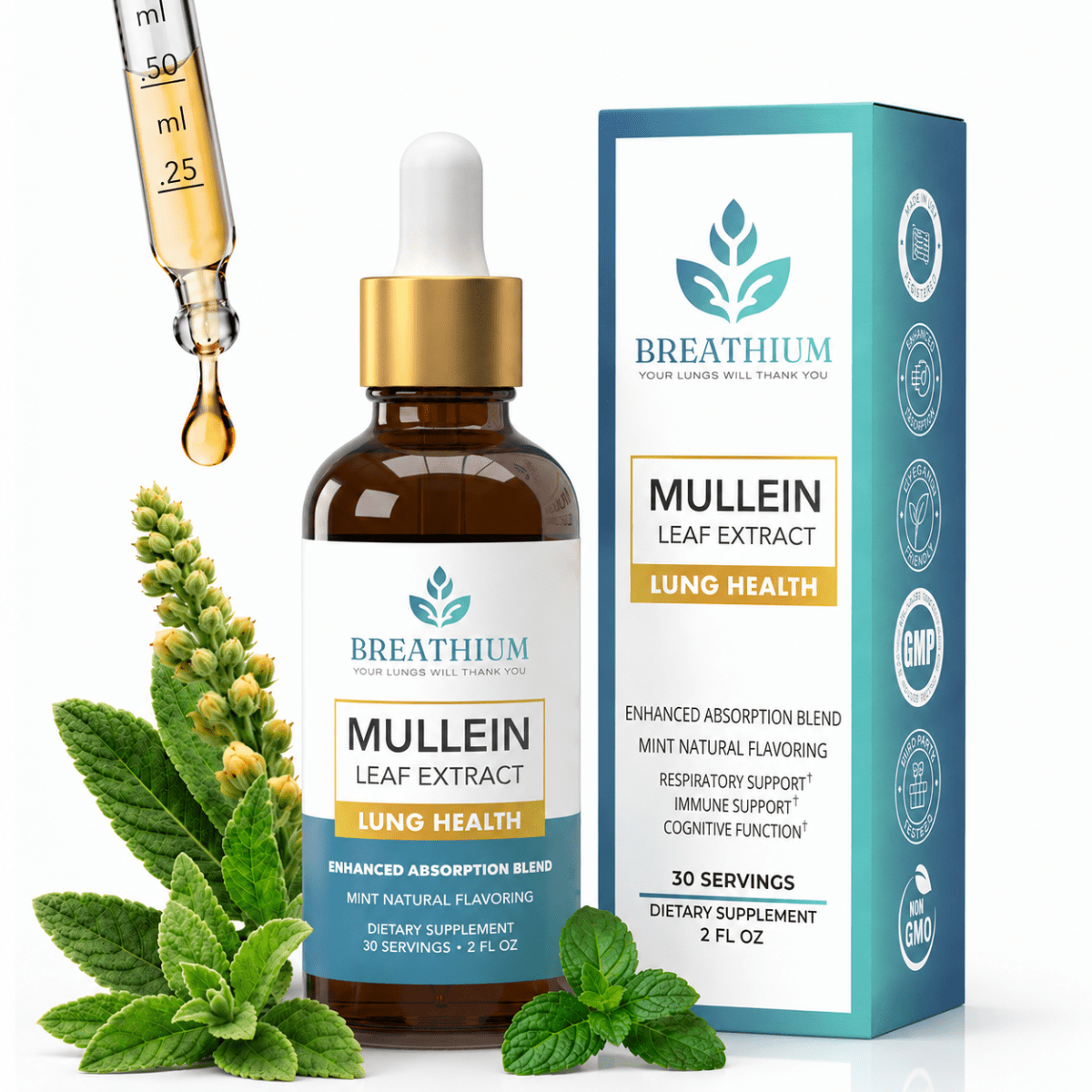 Breathium Mullein Drops - Peppermint Flavor