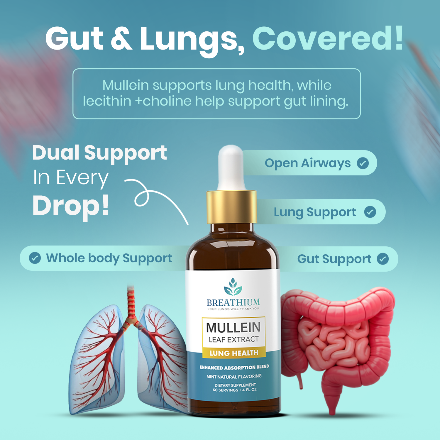Liposomal Mullein Drops – Lung Cleanse & Mucus Relief, Fast-Acting Respiratory Support – 4oz / 60 Servings– Peppermint, USA Made