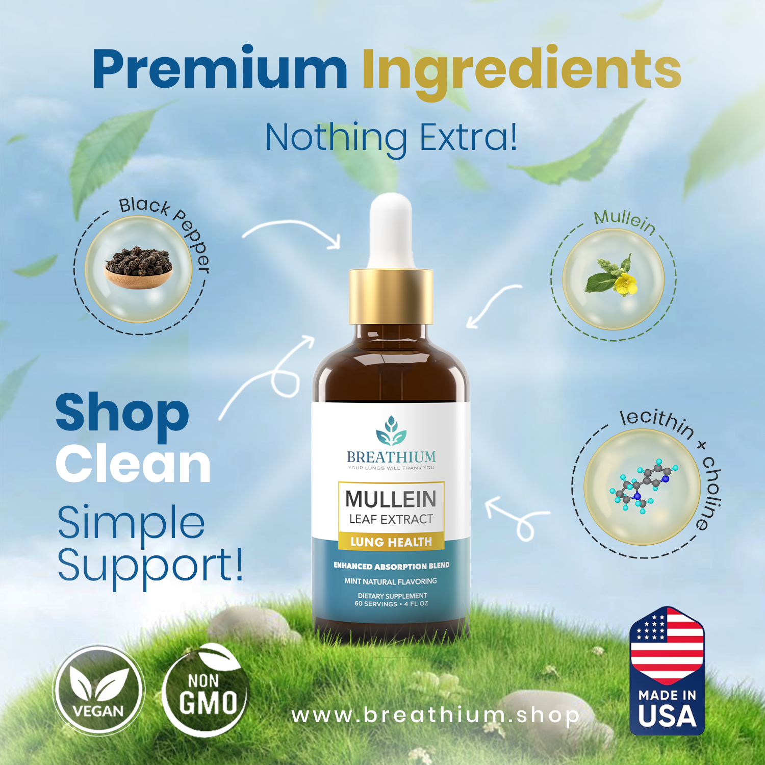 Liposomal Mullein Drops – Lung Cleanse & Mucus Relief, Fast-Acting Respiratory Support – 4oz / 60 Servings– Peppermint, USA Made
