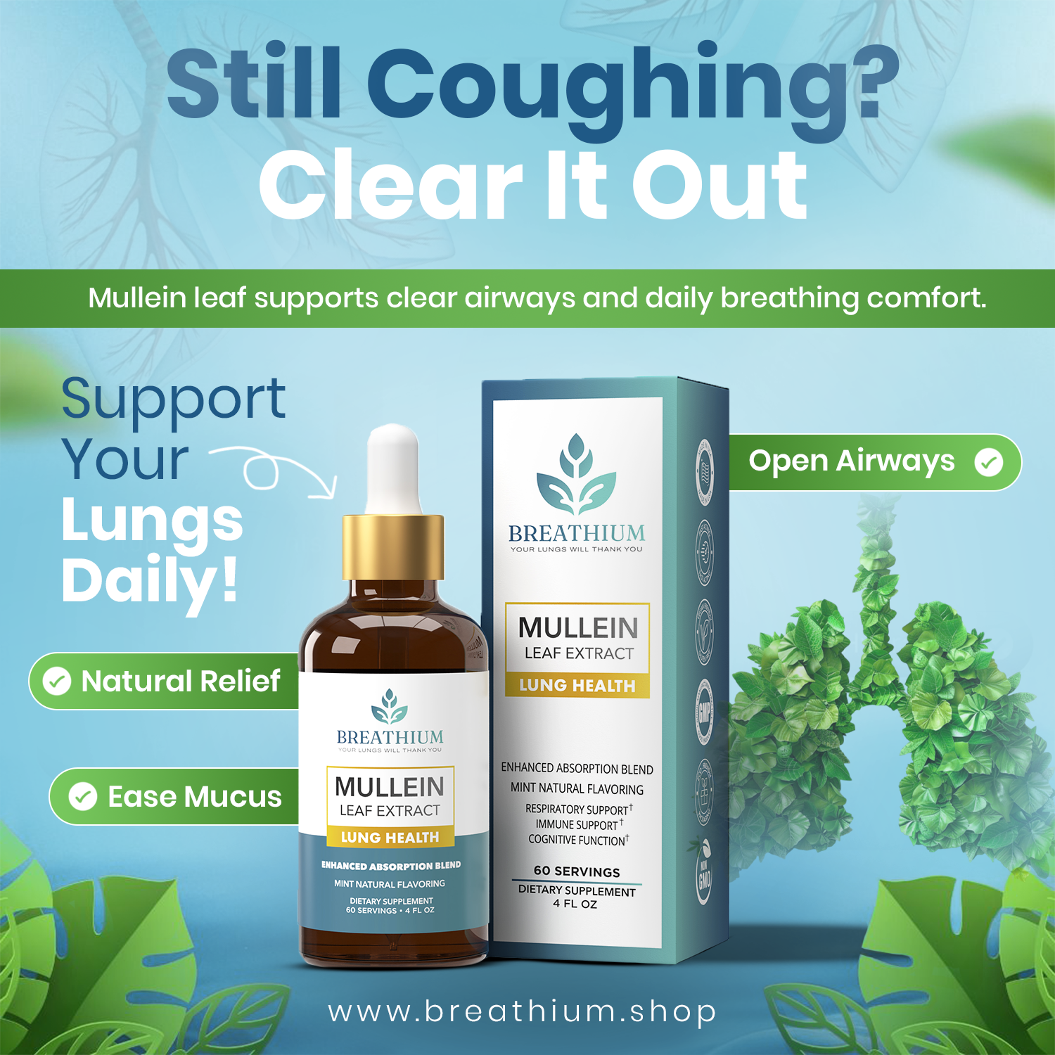 Liposomal Mullein Drops – Lung Cleanse & Mucus Relief, Fast-Acting Respiratory Support – 4oz / 60 Servings– Peppermint, USA Made