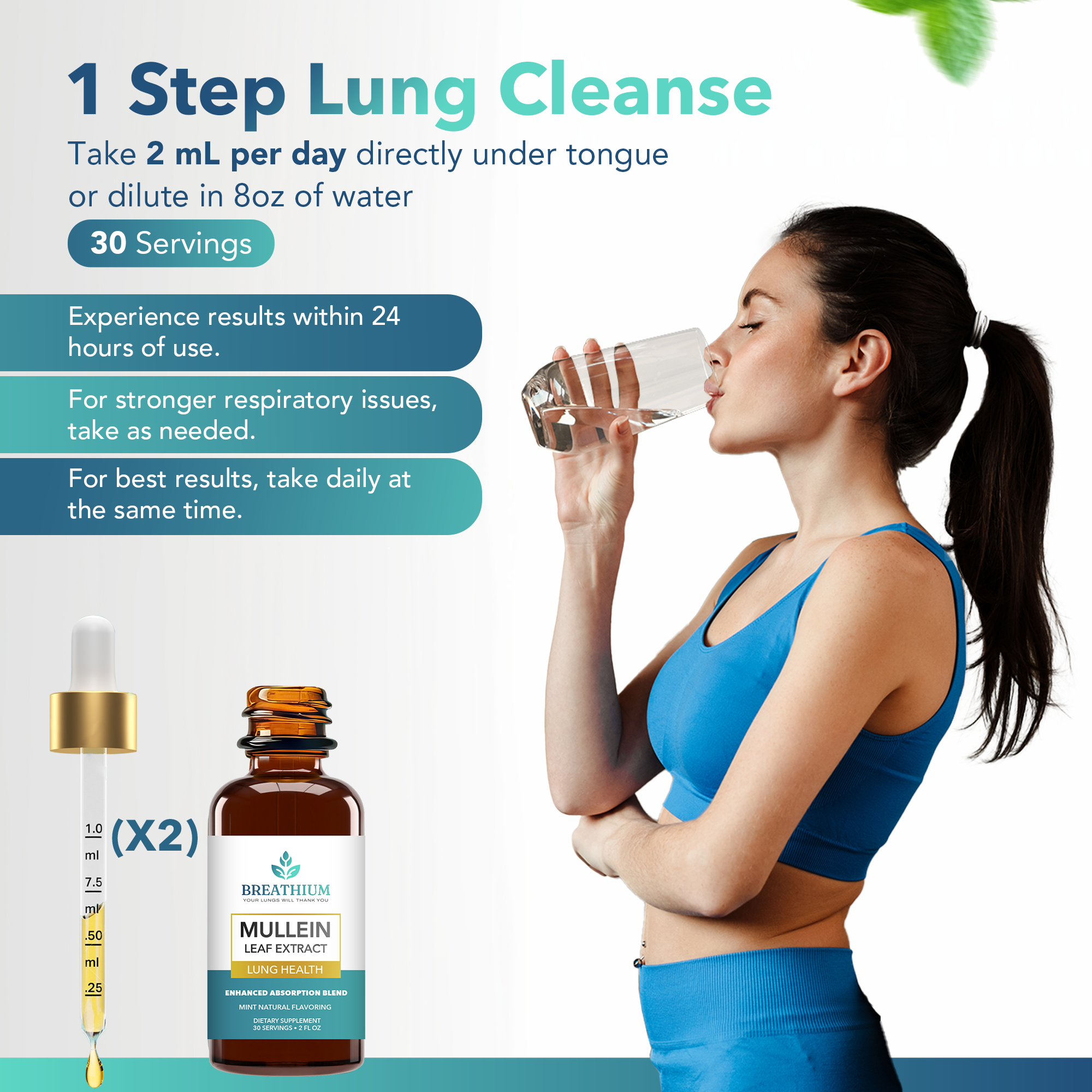 4-In-1 Mullein Drops for Lungs - Deep Lung Detox - Liposomal Mullein Leaf Extract For Rapid Immune, Allergy & Respiratory Support - Made in USA - 2 Oz - Peppermint
